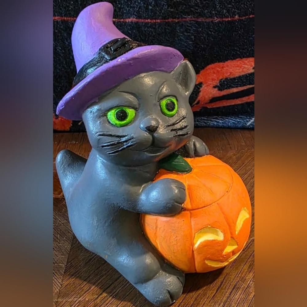 Vintage Halloween Hand Painted Ceramic Cat Wearing Witch Hat & Pumpkin Figurine